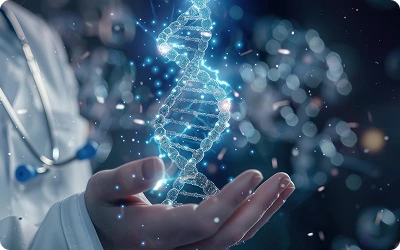 Doctor using tablet with DNA helix and futuristic medical interface