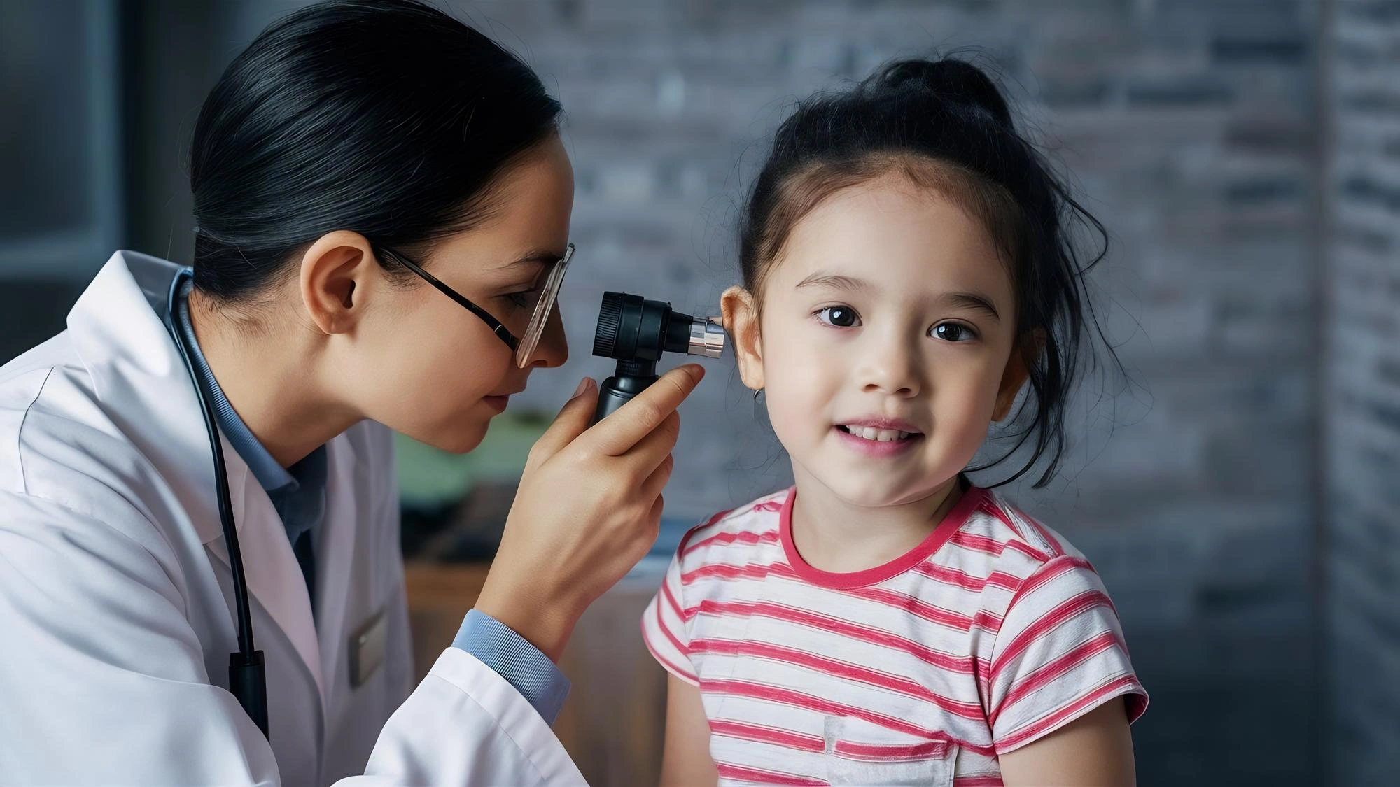Pediatric ENT doctor examining child's ear