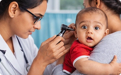 Pediatric ENT doctor examining child's ear