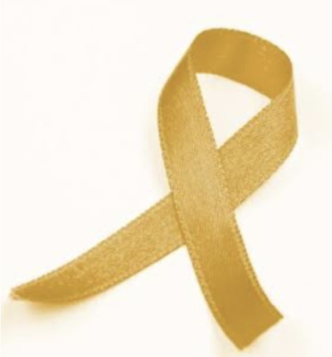 A golden awareness ribbon stands against a white background.
