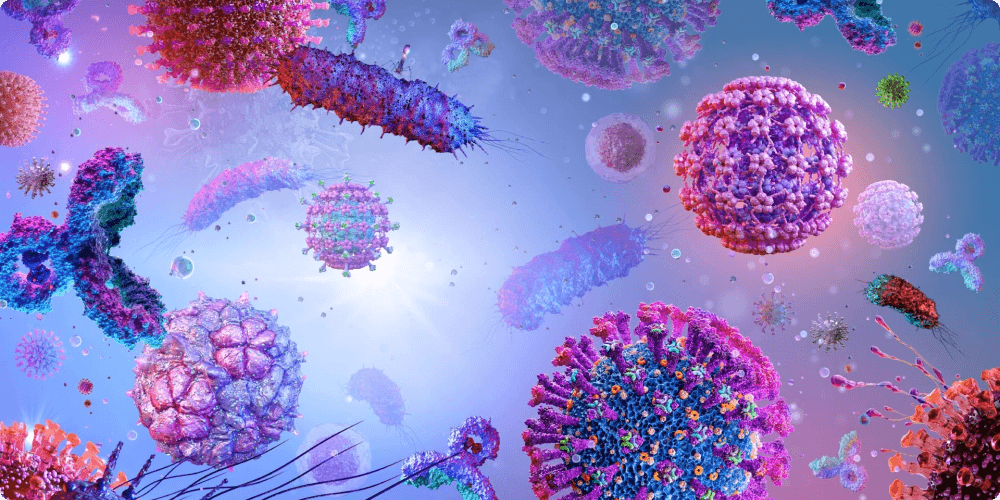 A colorful microscopic view shows various viruses, bacteria, and chromosomes.